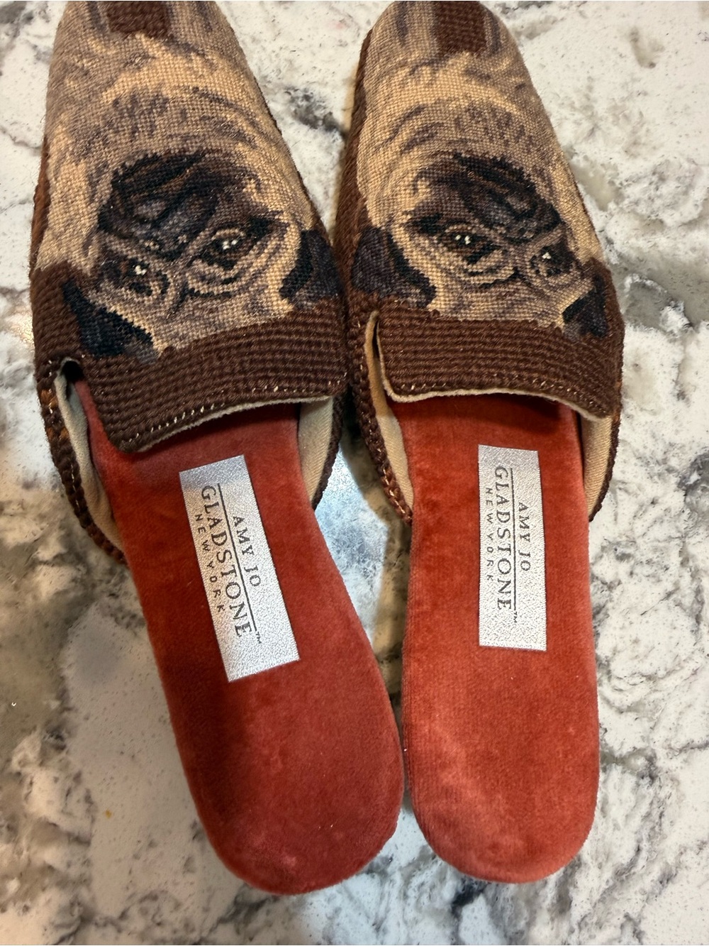 Amy Jo Gladstone Pug Needlepoint Mules - Brown & Rust - Picture 2 of 5